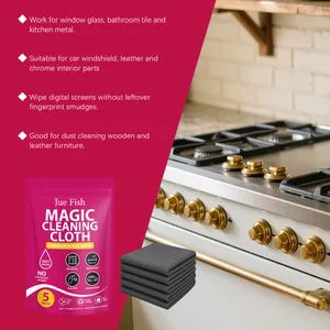 Detail of Jue Fish magic cleaning cloths with multi-surface usage instructions.
