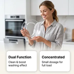 Woman holding a crystal clear glass plate to show the effect of detergent powder
