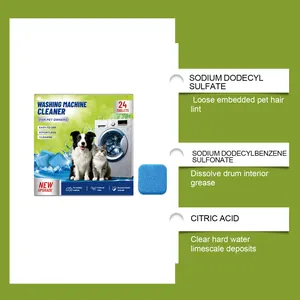 Detail view of washing machine cleaner ingredients for pet hair and limescale removal.