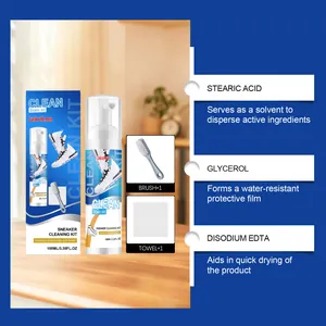 Détails du kit de nettoyage Jakehoe montrant ingrédients, mousse, brosse et serviette.