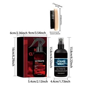 Hat cleaning kit with 100ml cleaner deodorizer spray and brush dimension details