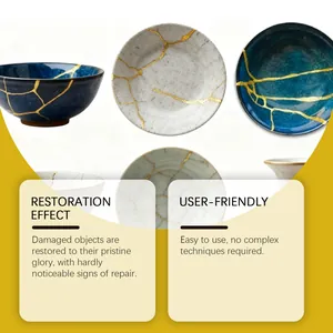 Kintsugi ceramic repair effect showing gold cracks on blue and gray porcelain plates