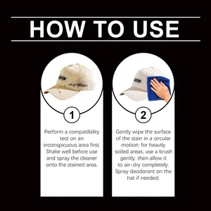 Step-by-step instructional guide for hat cleaning kit showing spray and wipe process