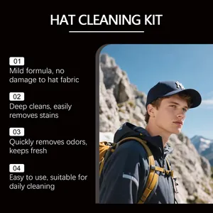 Detailed features of hat cleaning kit shown with model wearing navy cap in nature