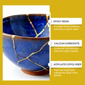 Detailed view showing the ingredients of kintsugi ceramic repair kit on a blue bowl