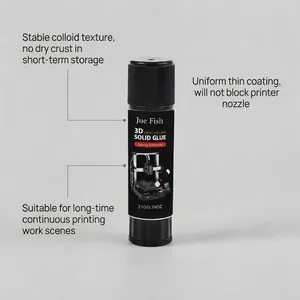 Jue Fish 3D printer solid glue stick with feature descriptions on grey background