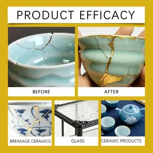 Detailed comparison of Kintsugi ceramic repair kit showing gold crack bonding results