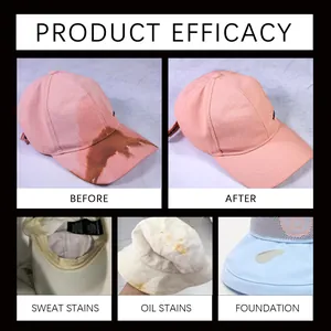 Hat cleaning kit efficacy display showing before and after removal of sweat and oil stains.