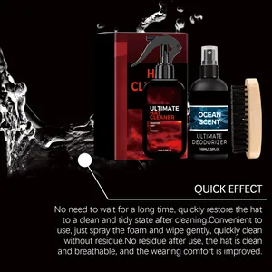 Detail showing a hat cleaner kit including foam spray, deodorizer, and a wooden brush.