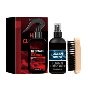 Professional hat cleaning kit featuring stain remover spray, deodorizer and wooden brush