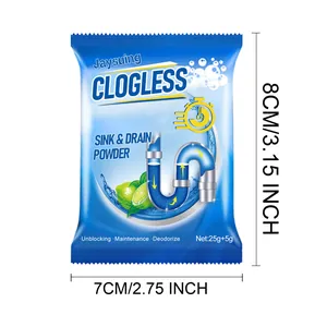Detail showing 8cm x 7cm dimensions of Jaysuing sink and drain clog remover powder