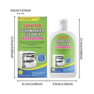 Dimensiones y detalles del limpiador de lavavajillas JAKEHOE, botella de 100 ml y su caja.