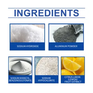 Detailed ingredient list for professional drain clog remover powder showing active components