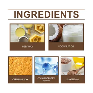 Detailed view of leather repair cream ingredients: beeswax, coconut oil, carnauba wax