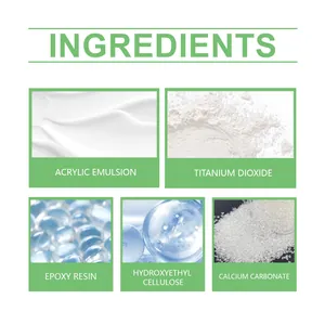 Detailed view of wall repair paste ingredients including acrylic emulsion and resin