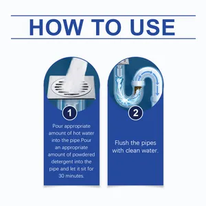 Instructional guide showing how to use powdered drain cleaner in two simple steps