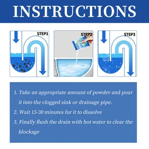 Visual 3-step manual for the sink and drain cleaning powder to clear tough blockages