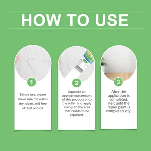 Step-by-step instructional guide showing how to use wall repair paint with a roller applicator