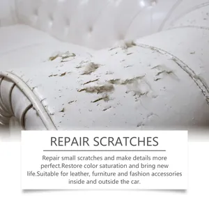Close-up detail of damaged white leather sofa surface showing scratches needing repair cream
