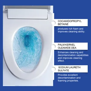 Detail view of JUE-FISH drain cleaner showing cleaning ingredients and foaming effect.