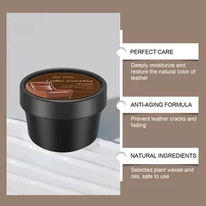 Detailed view of leather nourishing cream highlighting natural ingredients and anti-aging formula.