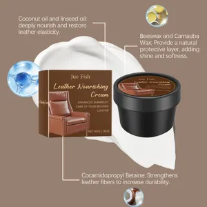 Detail view of leather nourishing cream showing ingredients like beeswax and coconut oil