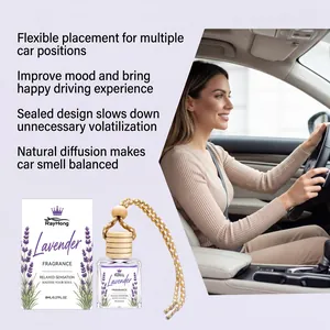 Flakon für Lavender-Auto-Aromatherapie mit Merkmalen und Anwendungsszene im Auto
