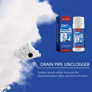 Detail view of white unclogging powder with active sodium laureth sulfate formula