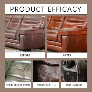 Detail showing leather repair cream efficacy on worn sofas, leather bags, and car seats.