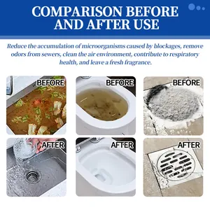 Before and after comparison of powerful drain cleaning powder for clogged pipes.