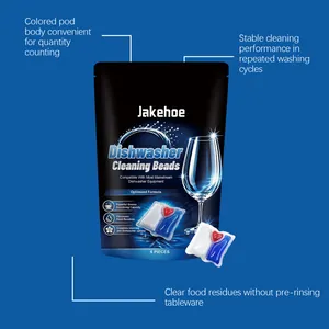 Close-up of Jakehoe multi-action dishwasher cleaning beads for powerful grease removal