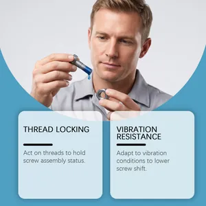 Detail showing the application of blue thread locker to a metal bolt for vibration resistance.
