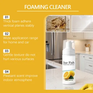 Detail view of Jue Fish foaming cleaner showing its thick foam and lemon scent properties.