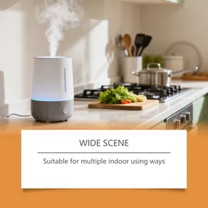 Detail view of air diffuser in a kitchen setting with visible mist and warm lighting