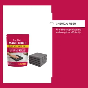 Detail of Jue Fish chemical fiber cleaning cloth showing lint-free texture and 5-piece pack