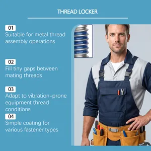 Blue thread locker adhesive applied on metal screw with professional worker illustration
