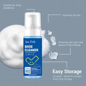 Vue détaillée du flacon de nettoyant mousse pour chaussures Jue Fish avec mousse blanche