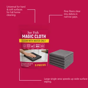 Detail view of Jue Fish Magic Cloth packaging with five grey microfiber cleaning towels