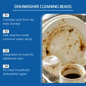 Detail view of dirty dishes highlighting dishwasher cleaning beads effectiveness