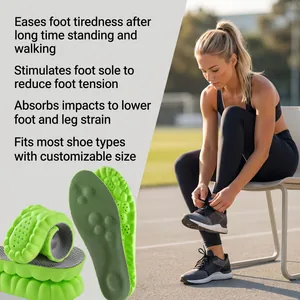 Green shock-absorbing sports shoe insoles shown in a professional fitness setting