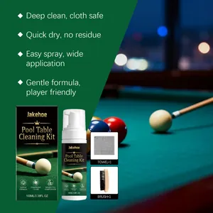 Comprehensive pool table cleaning kit with foam cleaner, brush, and towel for felt care.