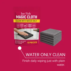 Set of 5 grey microfiber magic cleaning cloths for water-only streak-free house cleaning.