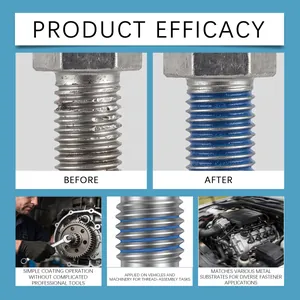 Detailed view of blue threadlocker liquid on metal bolts for vehicle and machine assembly