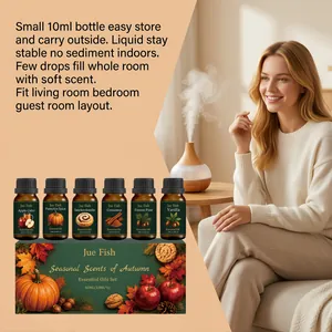 Set aus sechs herbstlichen ätherischen Ölen mit einem Diffusor in einer gemütlichen Szene