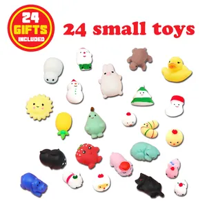 Close-up display of 24 colorful mochi squishy toys in various animal and holiday shapes.