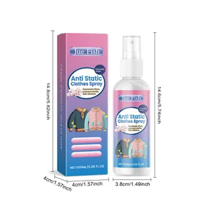 Gedetailleerde weergave van Jue Fish antistatische kledingspray met fles- en doosmaten