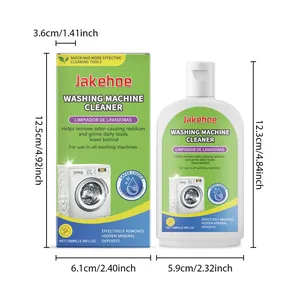 Gedetailleerde maataanduidingen voor de 100ml wasmachinereiniger fles en de doos