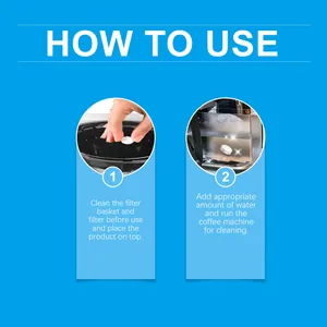 Guide d'utilisation des pastilles de nettoyage pour machine à café en deux étapes simples.