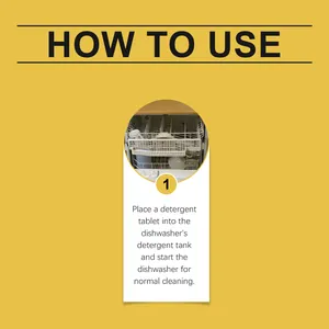 How to use dishwasher detergent tablets: Place tablet in tank for normal cleaning.