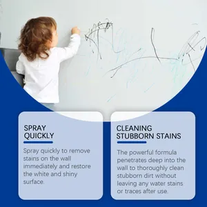 Effective wall cleaning spray removing scribbles and stubborn stains from a white wall